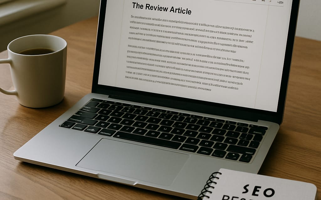 Blogger desk with laptop on long-form review, coffee mug and SEO notebook