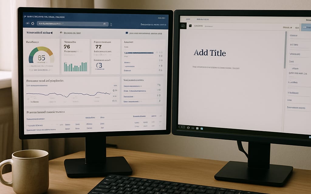 Workstation with Ahrefs keyword-research dashboard and WordPress editor