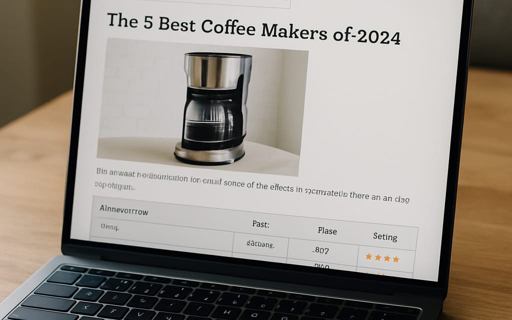 Laptop showing a product-review blog with comparison table and affiliate disclosure