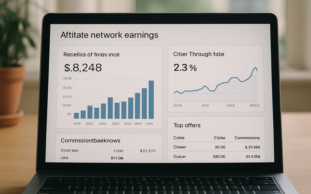 Affiliate-network earnings dashboard with payouts, CTR charts and commissions