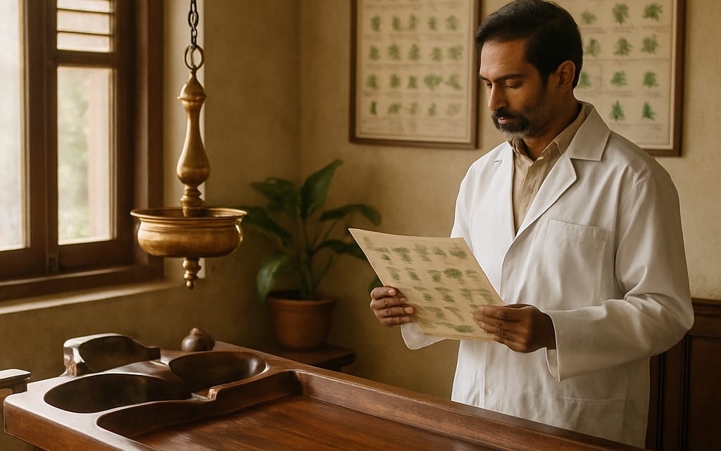 Traditional Ayurveda clinic with wooden droni table and doctor consulting chart