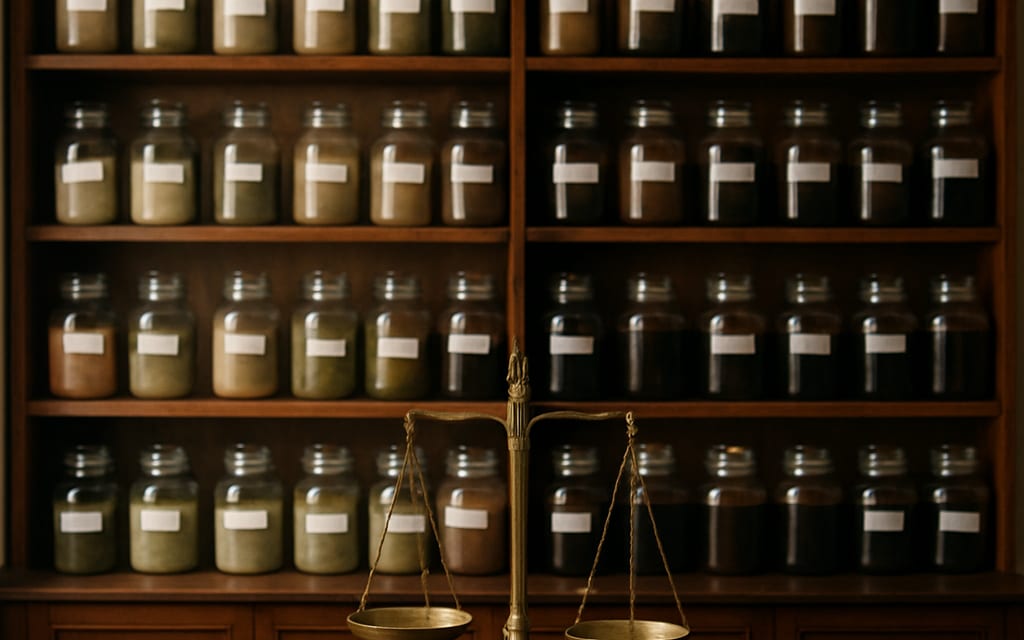 Ayurveda dispensary with wooden shelves of herbal jars and brass weighing scale