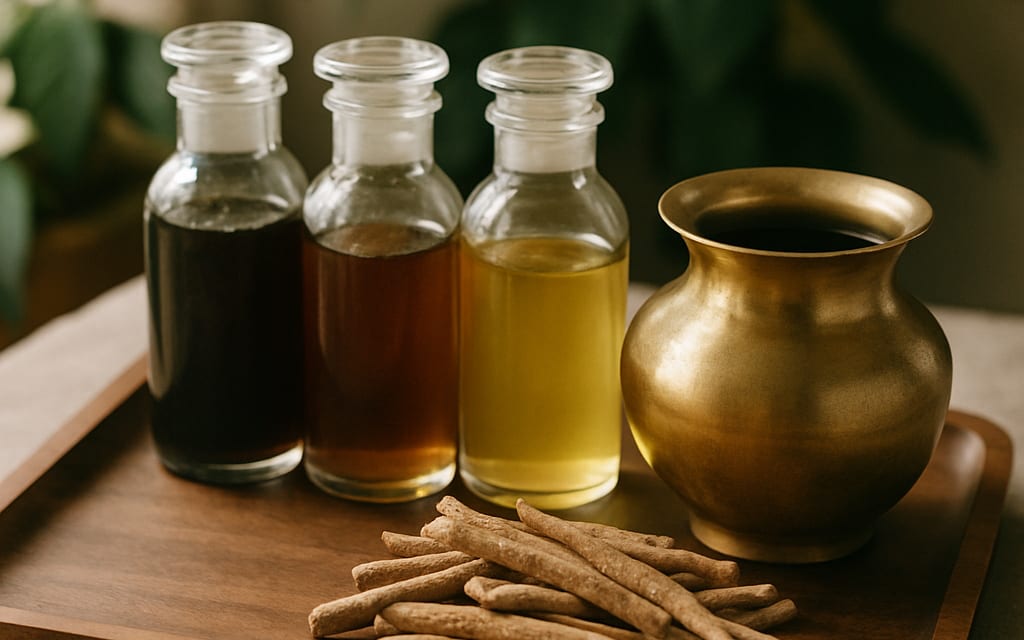 Tray of Ayurvedic remedies in glass bottles, brass kalash of oil and dried roots