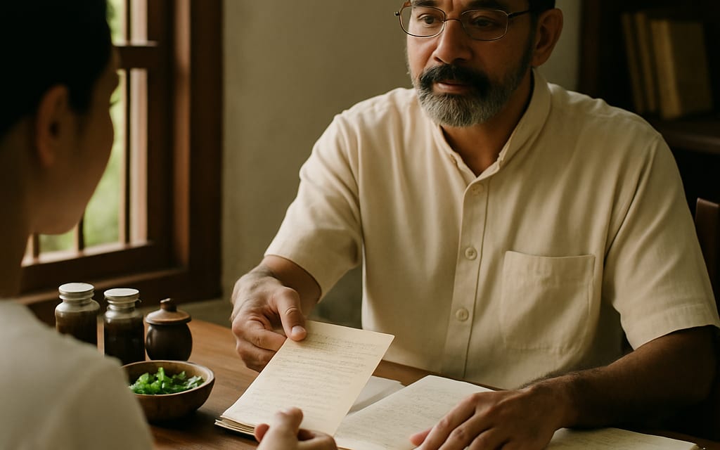 Patient receiving personalized chart from Ayurvedic doctor at wooden desk