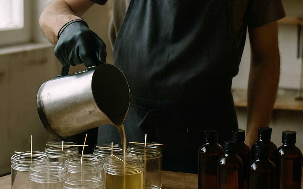 Candle workshop with molten soy wax being poured into glass-jar candles