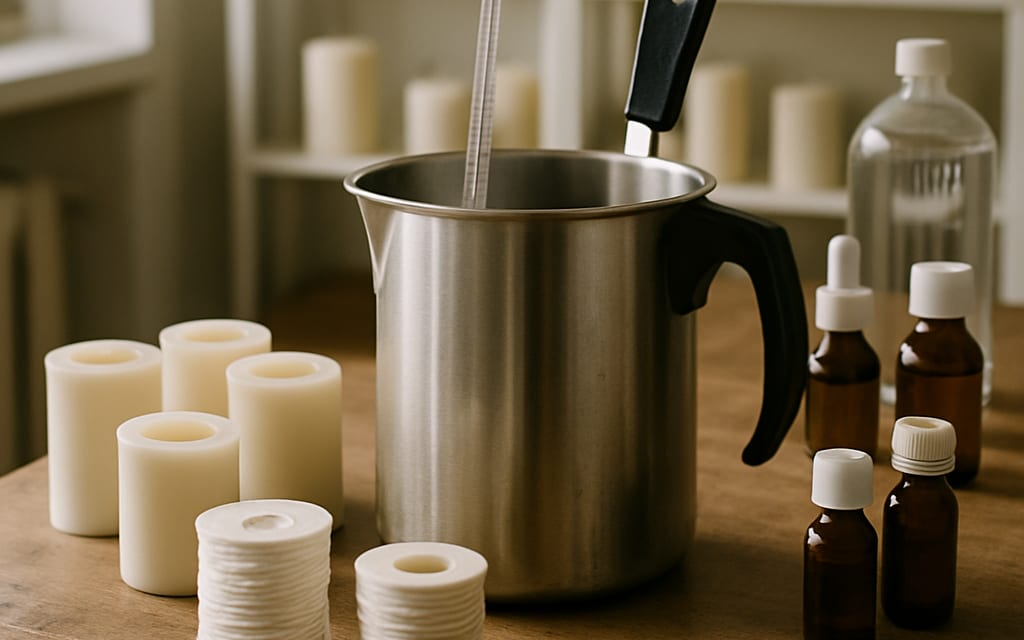 Wax-melter, thermometer, silicone moulds, wick spools, fragrances and dyes
