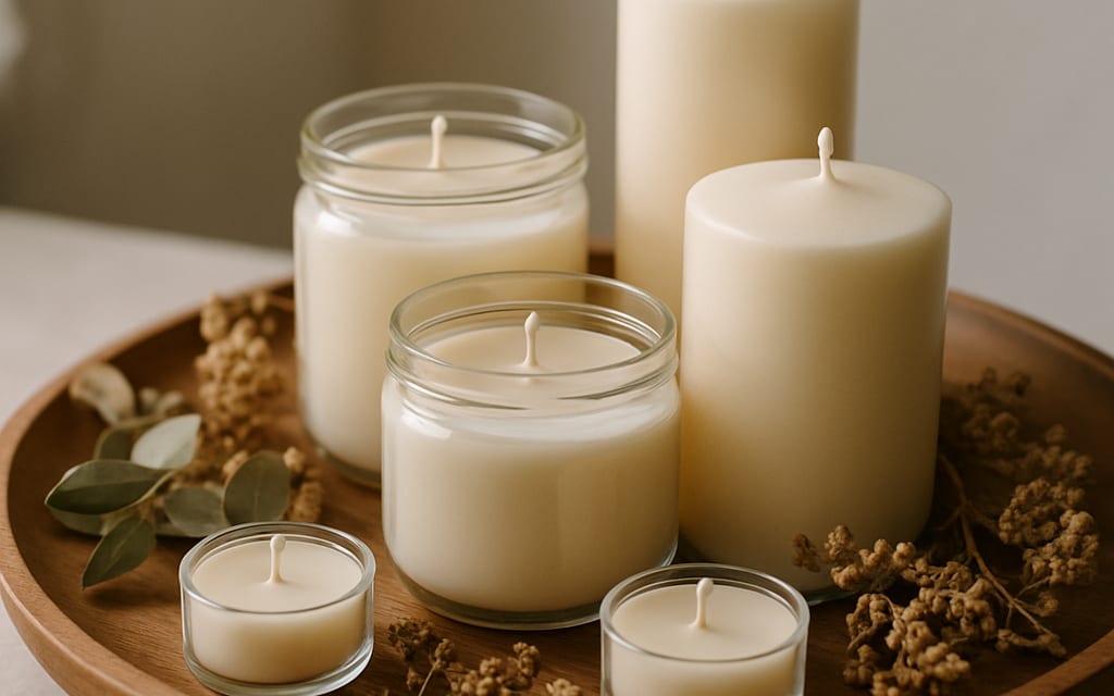 Artisan candles in glass jars, pillars and tea-lights arranged with dried botanicals