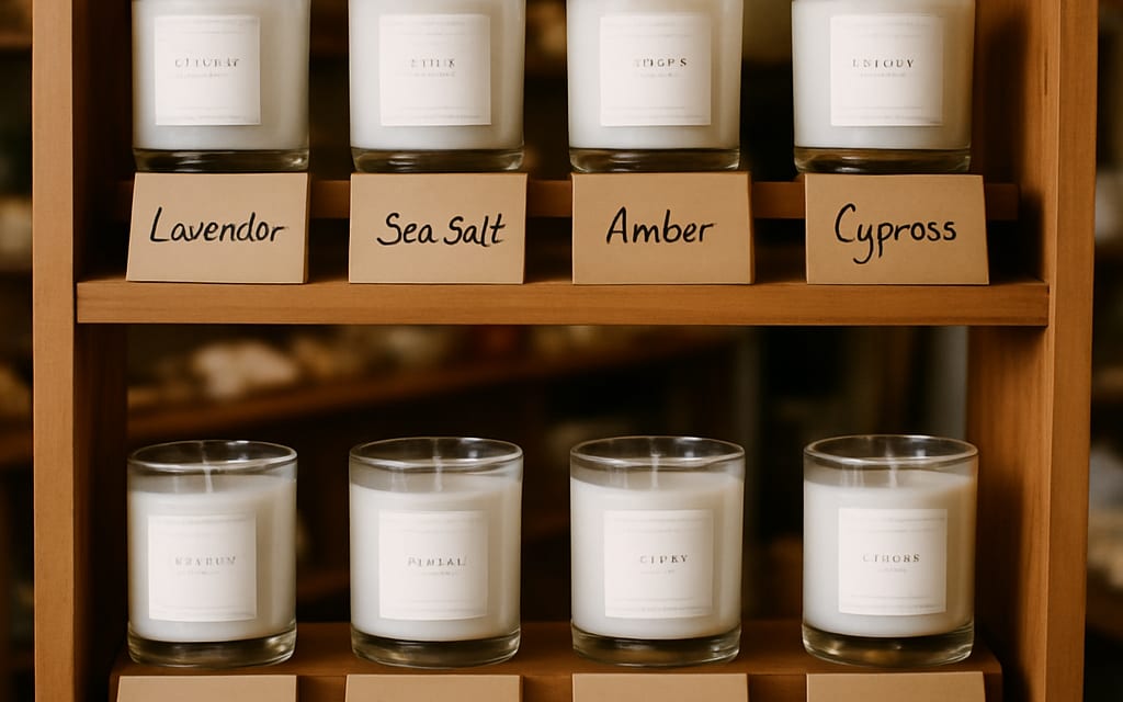 Boutique gift shop shelf with branded scented candles and variety cards