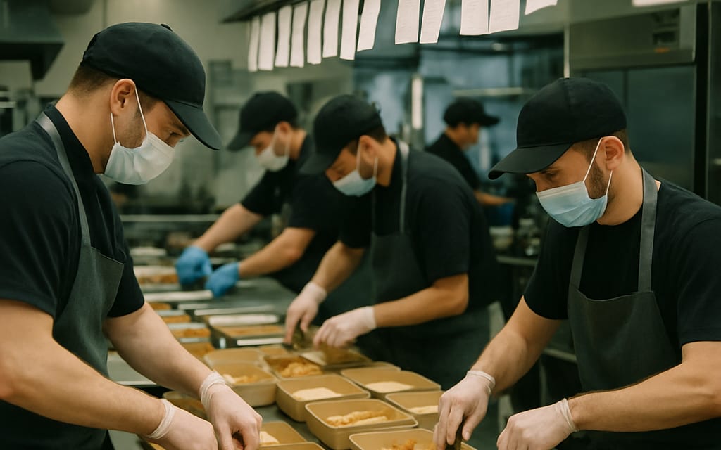 Cloud kitchen line with chefs assembling orders and tickets on an overhead rail