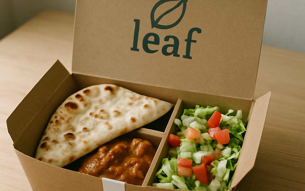 Branded food delivery box with curry, naan and salad sealed with a tamper sticker