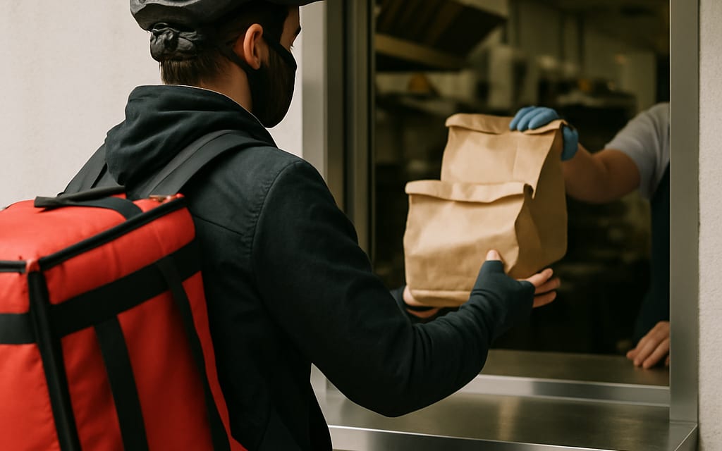 Delivery rider receiving packed orders at a cloud-kitchen pickup window