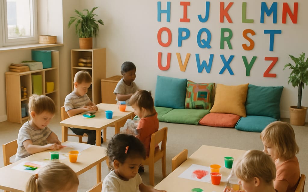 Bright daycare playroom with toddlers doing art, story corner and alphabet wall