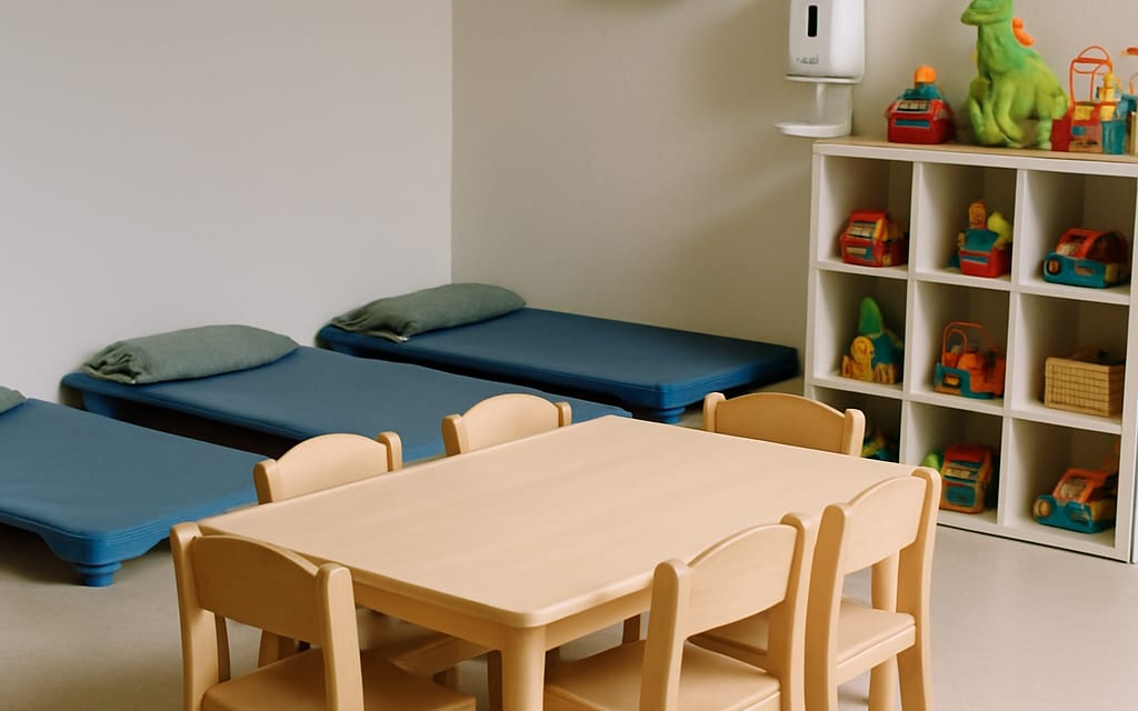 Child-sized chairs, sleep mats, sanitiser, first-aid box and toy-storage cubbies