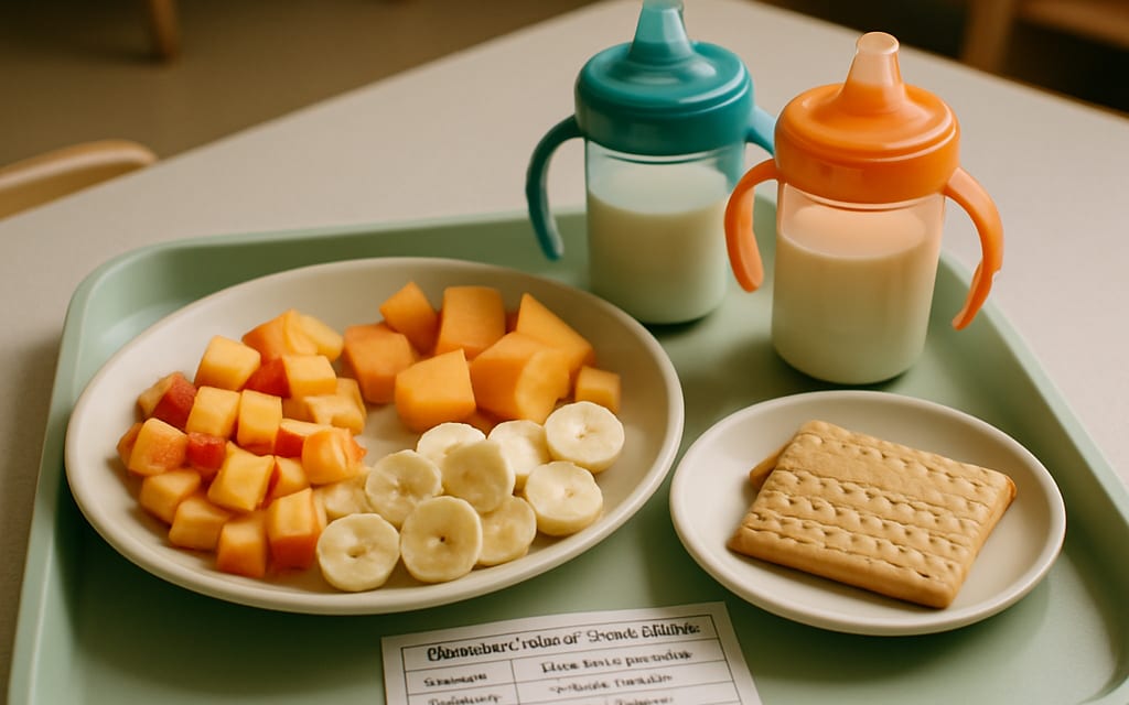 Daycare snack tray with cut fruit, milk in sippy cups, biscuits and meal plan