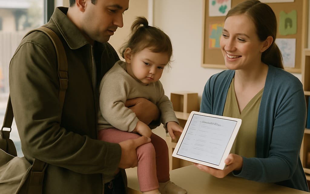 Parent dropping off toddler at daycare reception with principal showing schedule