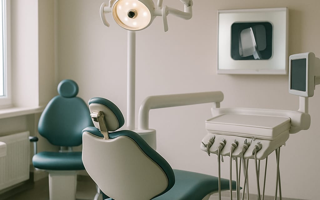 Modern two-chair dental clinic with overhead light, tools tray and X-ray viewer