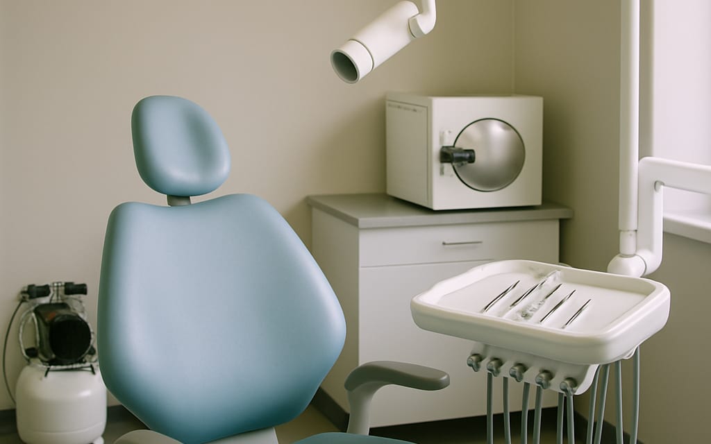 Dental chair, compressor, autoclave, X-ray machine and tool tray with mirrors