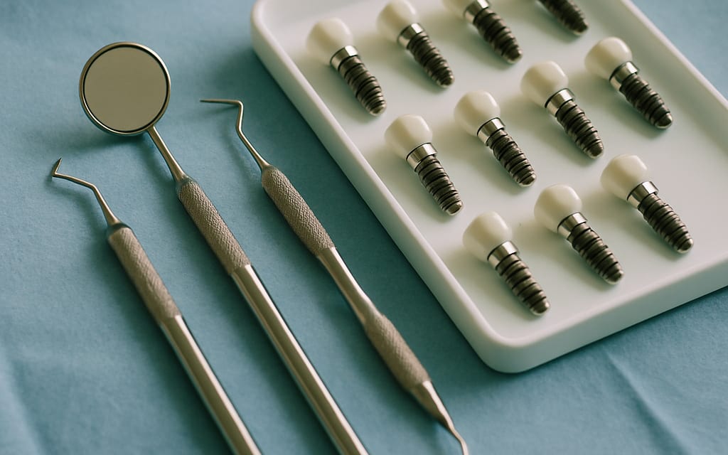Dental tool tray with mirror, probe, scaler and implants on a sterile drape