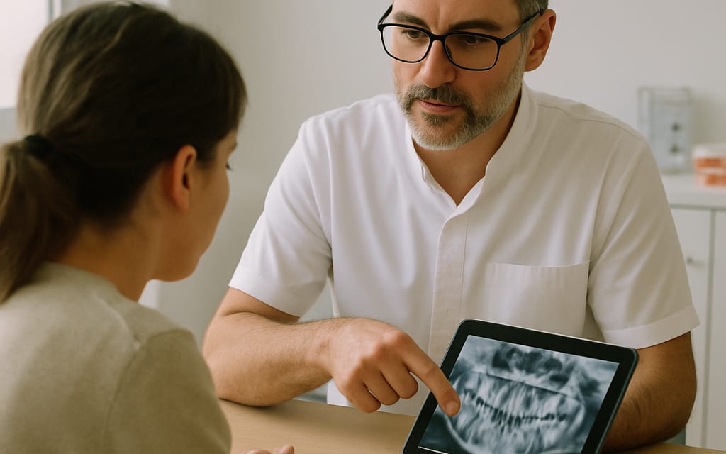Patient consulting with dentist over a treatment plan on a tablet at desk