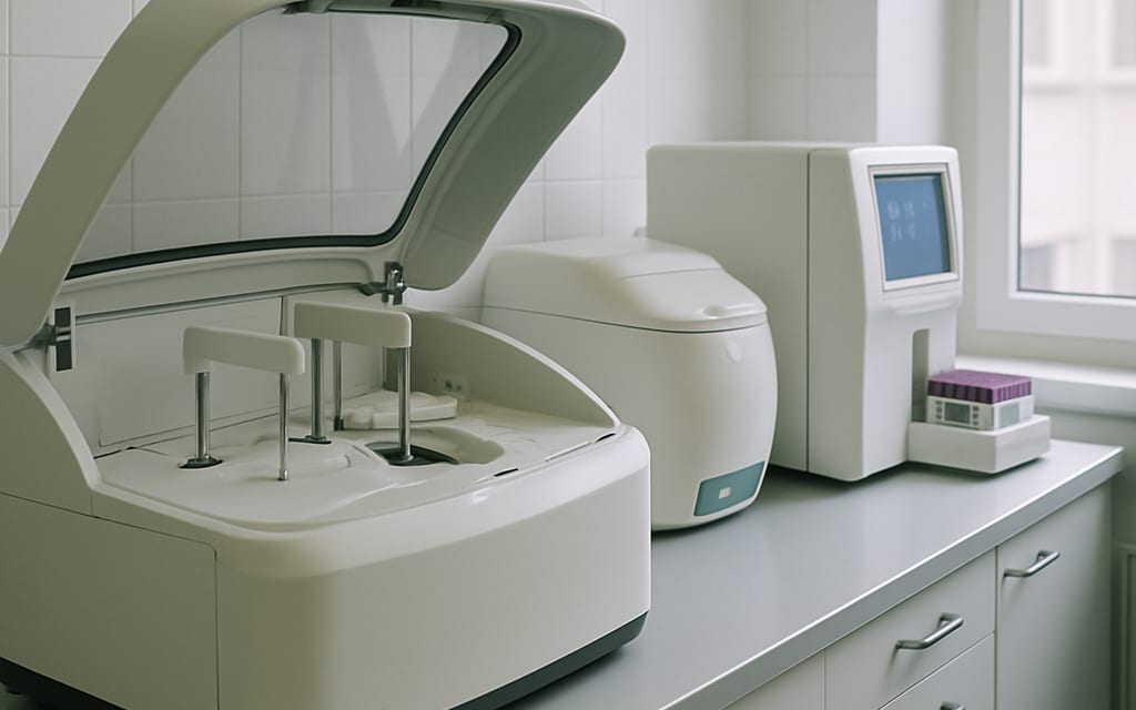 Diagnostic lab with biochemistry analyser running, centrifuge and cell-counter