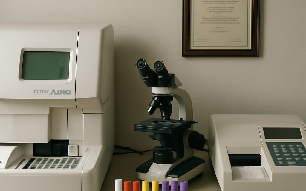 Auto-analyser, microscope, ELISA reader, sample rack and NABL certificate