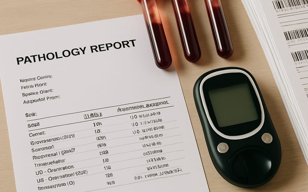 Printed pathology report with blood-sample vials, glucometer and request forms