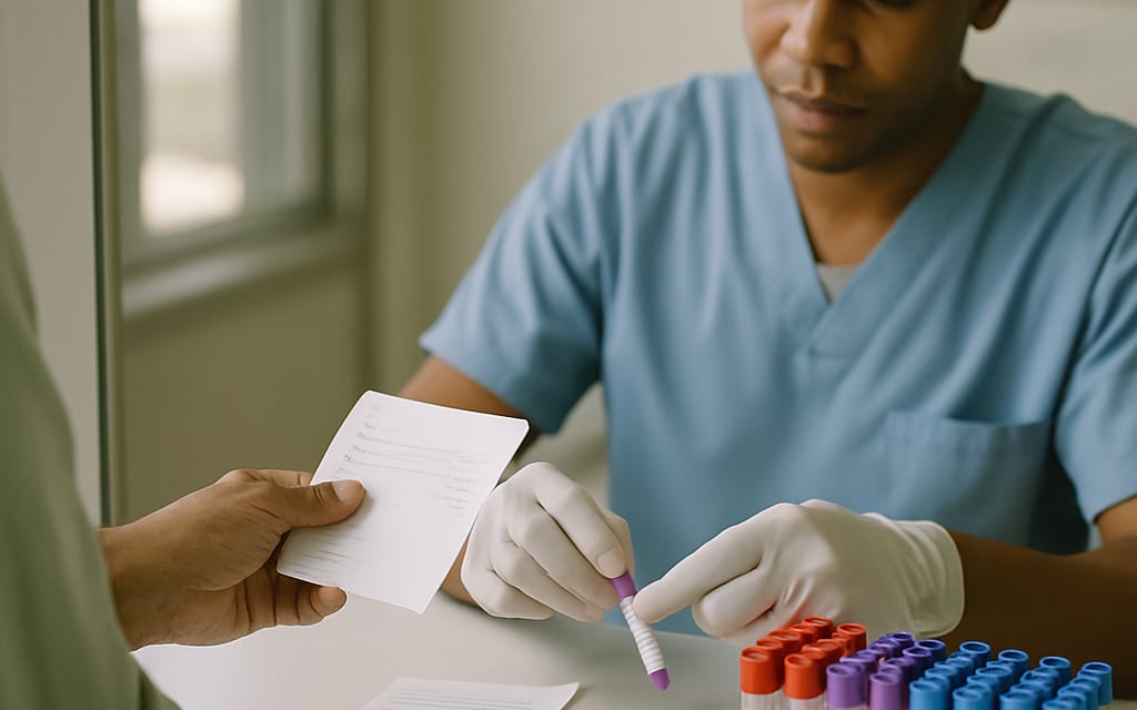 Patient handing prescription at a sample-collection counter with labeled vacutainers