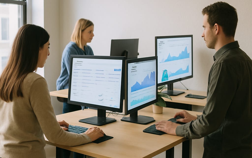Digital agency with 4-person team at standing desks and ad campaign dashboards