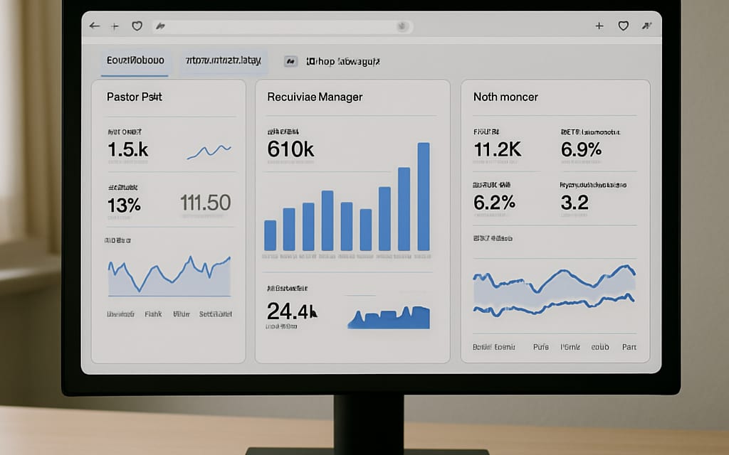 Monitor with multi-tab analytics dashboard: Google Ads, Meta and Search Console