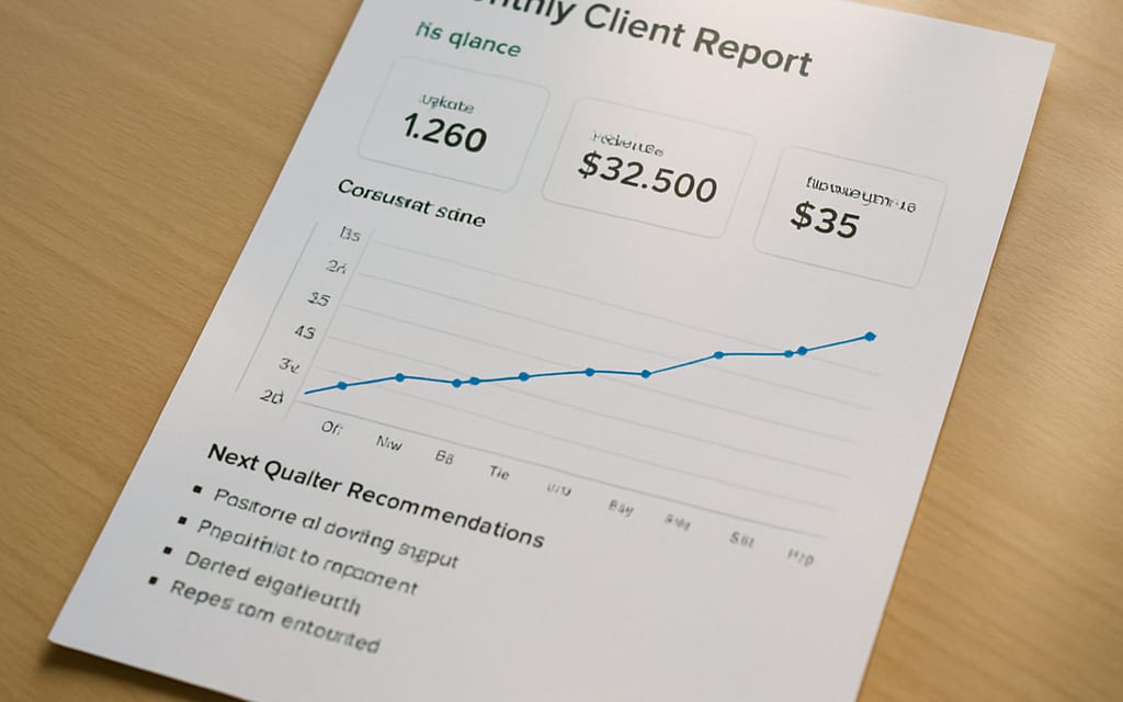 Printed client report with metric cards, conversion-growth chart and next steps