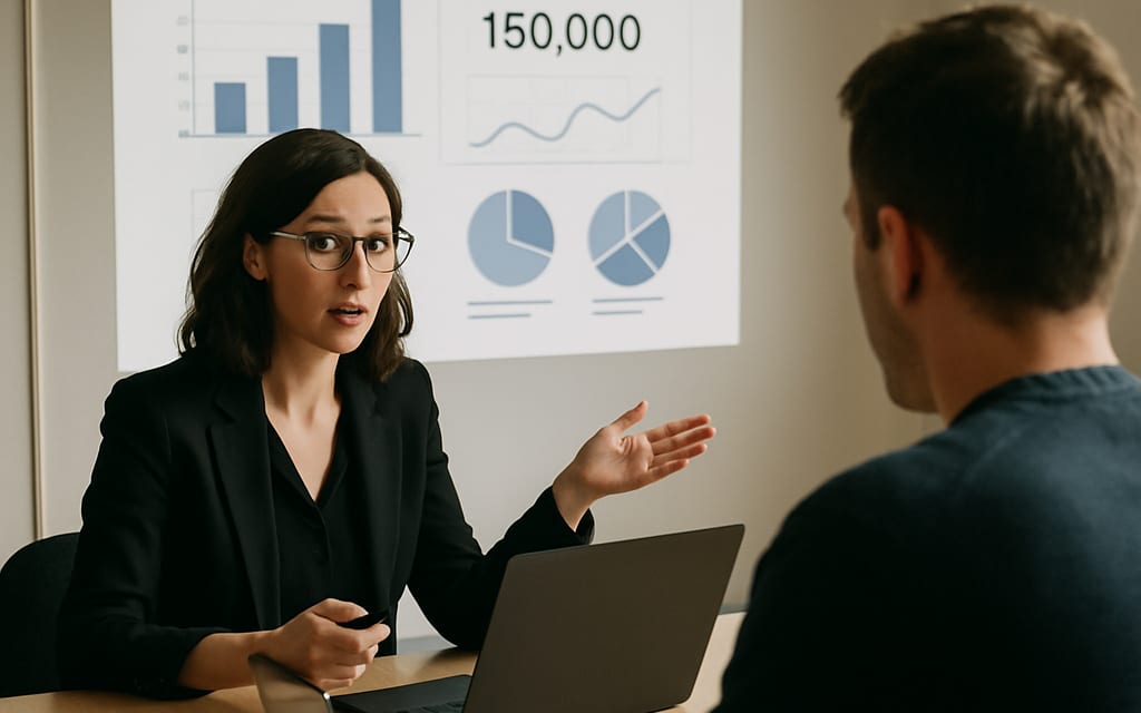 Agency manager presenting campaign deck to a client across a conference table