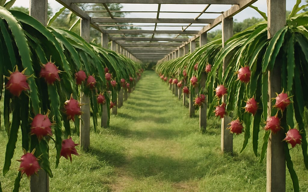 One-acre dragon-fruit farm with concrete posts and trellises holding pink fruits