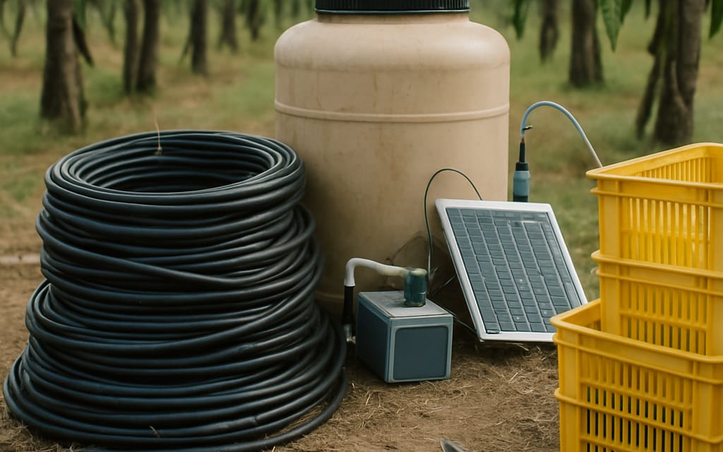 Drip-irrigation pipes, fertigation tank, harvest crates, shears and solar pump