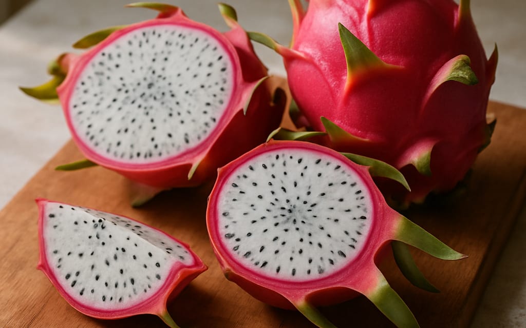 Whole and sliced bright-pink dragon fruits showing speckled white flesh