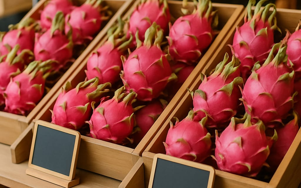 Retail produce stall with bright pink dragon fruits in tilted wooden boxes