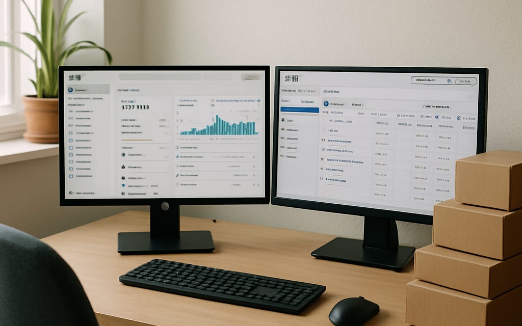 Home office with Shopify dashboard, Meta-ads manager and supplier sample boxes