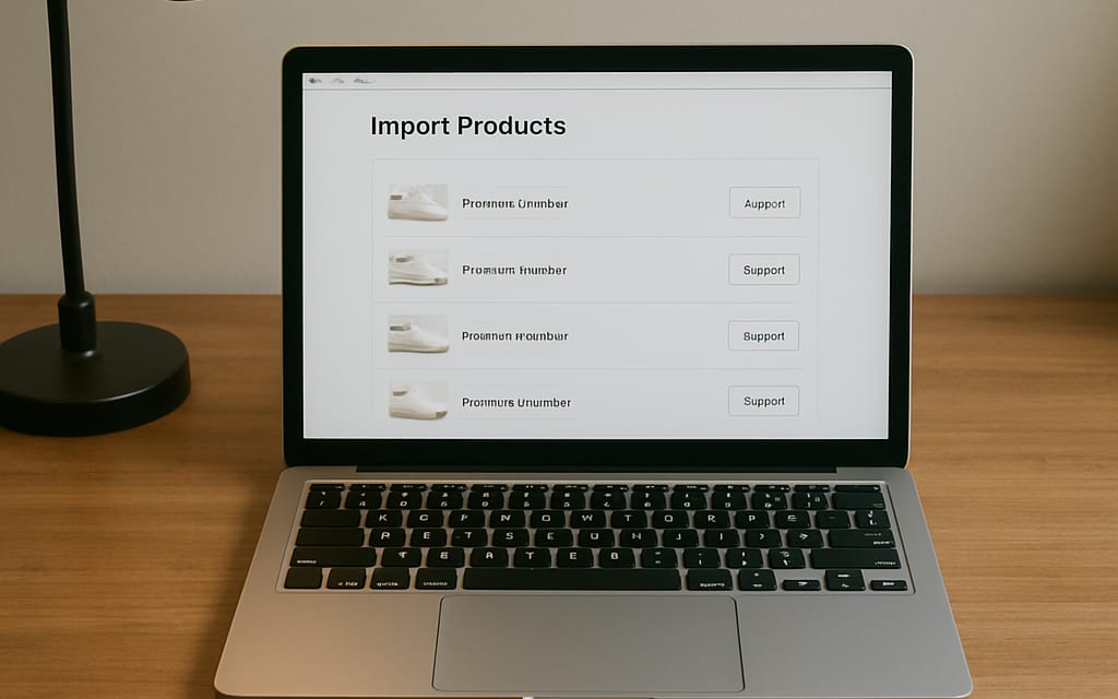 Dropshipping workstation with laptop running product-import app and notebook