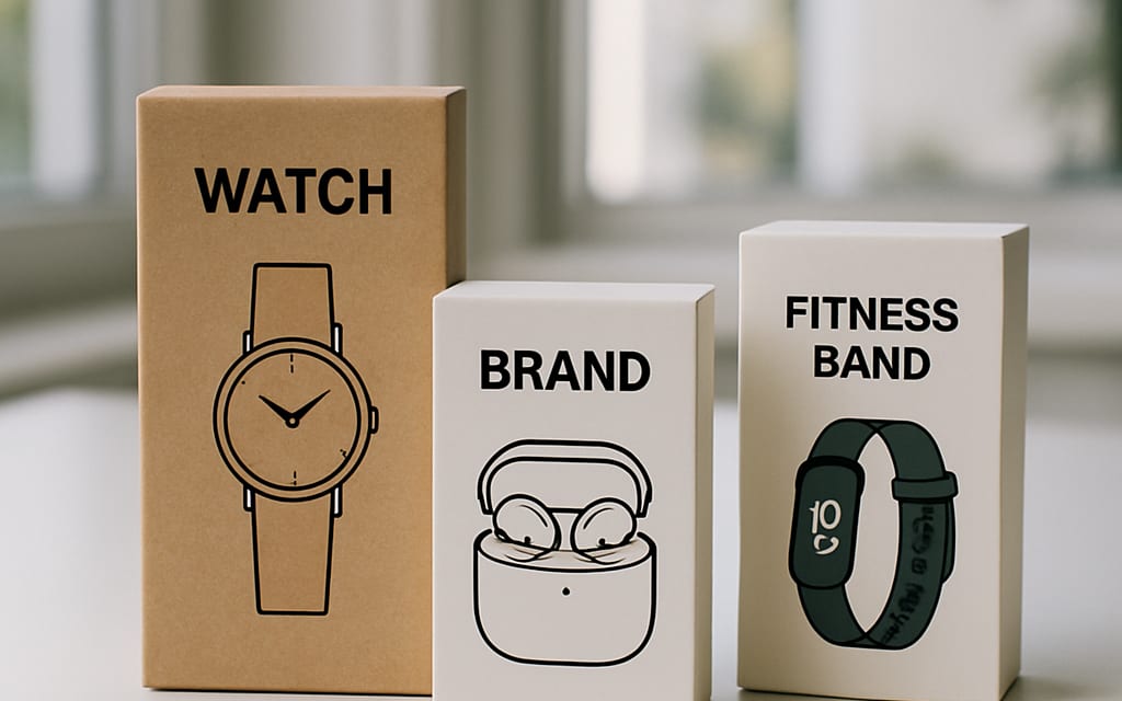Branded e-commerce product mockups: watch box, earbud case and fitness band