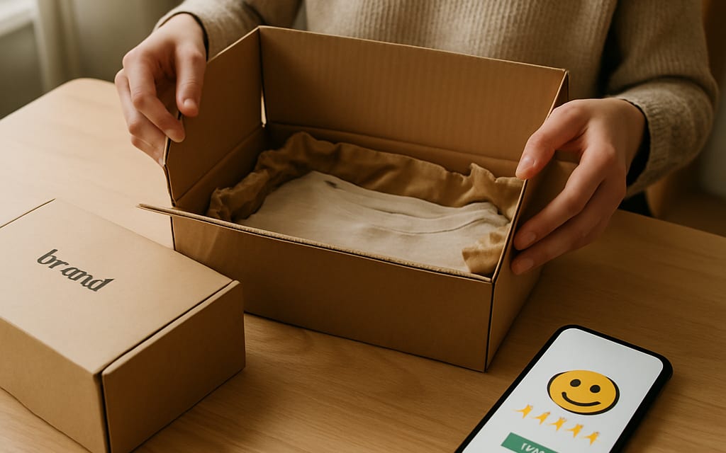 Customer unboxing a branded courier parcel with a phone showing a happy review