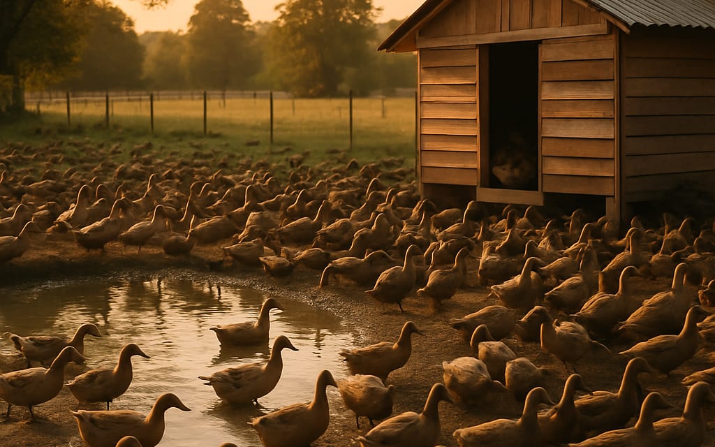 Free-range duck farm with 300 Khaki Campbell ducks foraging by a pond at golden hour