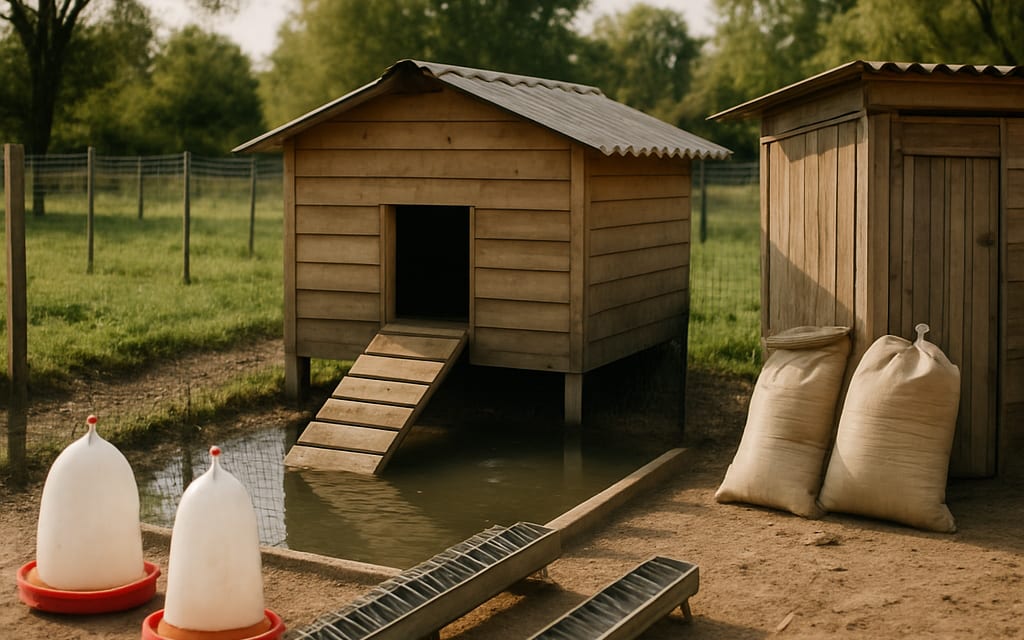 Wooden duck shed, pond ramp, feeders, waterers, fencing and feed sack storage