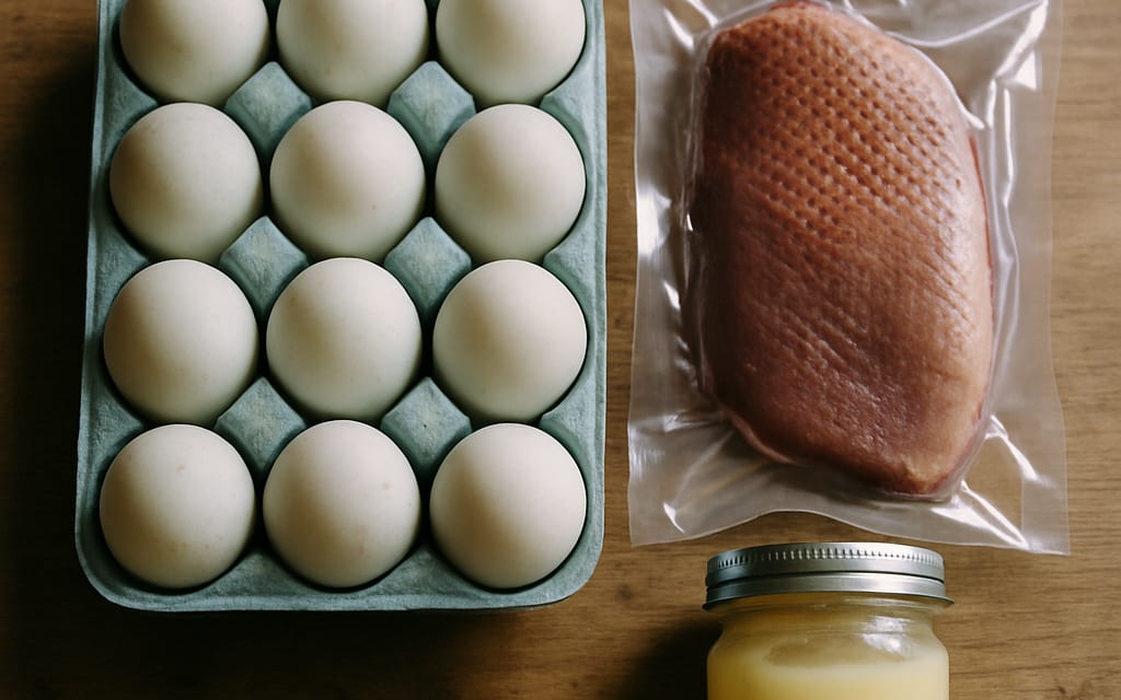 Blue-tinted duck eggs with vacuum-packed duck breast and jar of duck fat