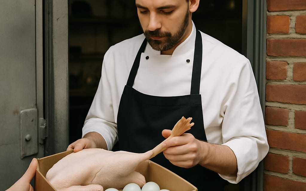 Fine-dining chef receiving duck eggs and dressed duck at back-kitchen door