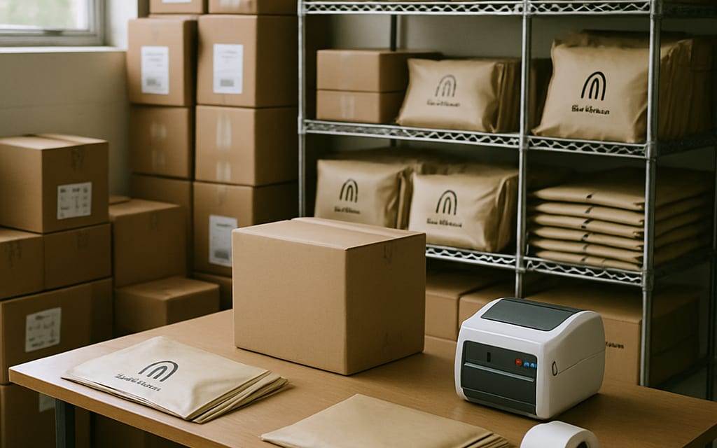 E-commerce packing table with label printer, branded mailers and stocked shelves