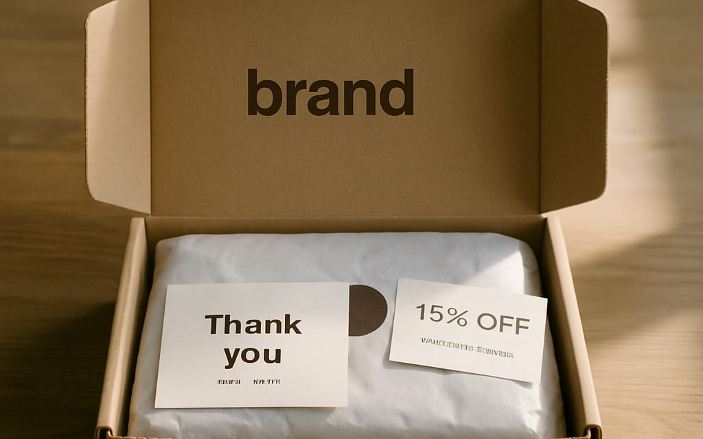 Branded customer order with tissue-wrapped product, thank-you card and voucher