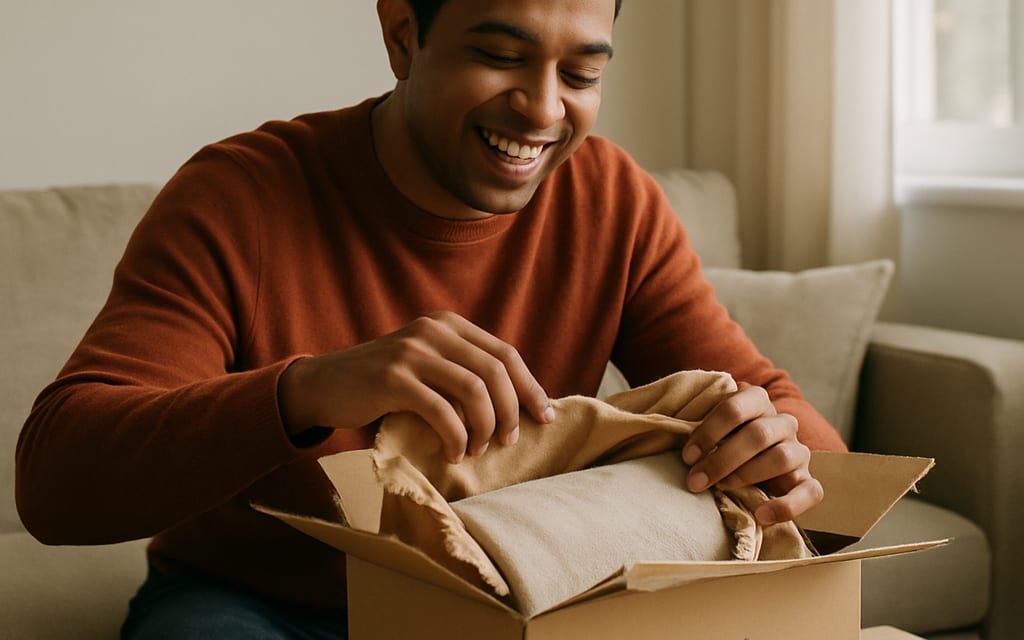Customer at home opening a branded e-commerce parcel on a couch table