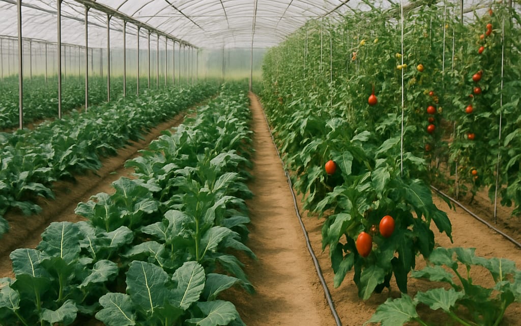 Polyhouse with neat rows of broccoli, bell peppers, cherry tomatoes and zucchini