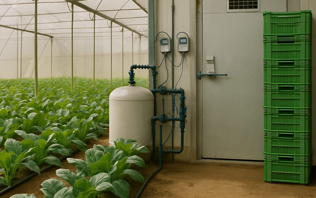 Drip lines, fertigation tank, EC/pH meters, pre-cooling chamber and crates