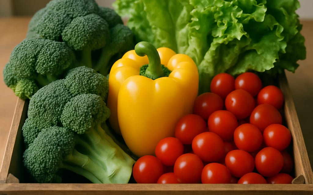 Tray of broccoli, yellow capsicum, cherry tomatoes and lettuce neatly arranged