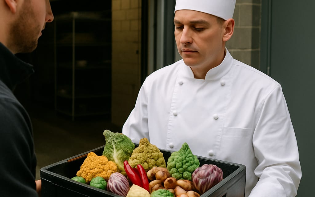 5-star hotel chef receiving a refrigerated crate of exotic vegetables at back-dock